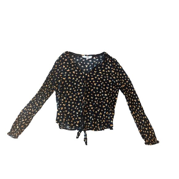 🛍️ Black & Yellow Floral Long Sleeve Button Up Shirt - Picture 1 of 6